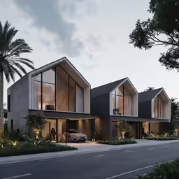 three story house in an urban setting with lights on