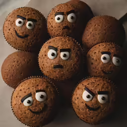 six cupcakes with faces drawn on them sitting next to each other
