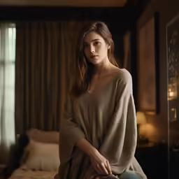 a woman in a tan sweater sitting on a bed