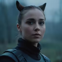 a woman wearing a demon - ears headpiece stands near an apple tree