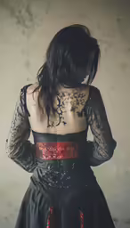 a woman in black dress with her back turned towards the camera