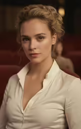 a woman in a white shirt looking at the camera