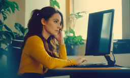 a woman sitting at a desk with a laptop computer