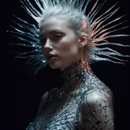 a woman is wearing silver hair with a spikes headpiece on her head