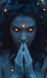 a young woman with orange eyes and glowing eyebrows