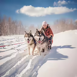 a woman pulling two dogs in the snow