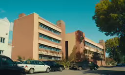 several cars parked near a building next to tall buildings