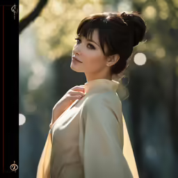 an oriental woman in an open collared blouse poses in front of trees