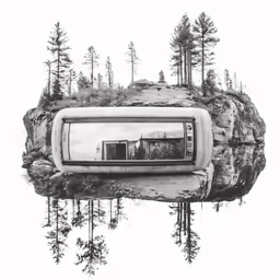 a strange old computer with trees reflecting in the water