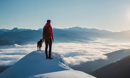 a man and his dog standing on top of a mountain