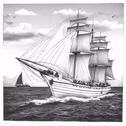 a ship floating on the ocean with a boat in the background