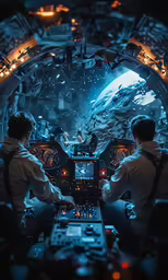 two pilots sit inside the cockpit of an airplane at night