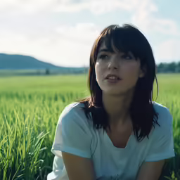 a pretty young woman in a white shirt sitting on top of a lush green field