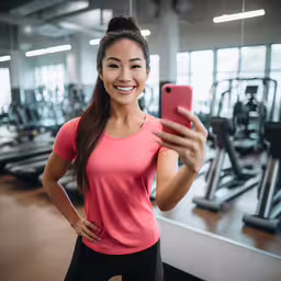 the woman is taking her photo in the gym,a woman with her phone standing in a gym