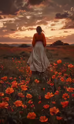 a woman in a field with flowers watching the sun go down