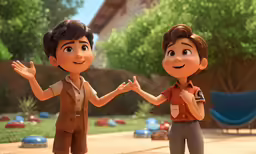 two young children in a park, one of the kids is waving