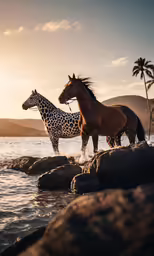 two horses in the water beside a rock by some trees