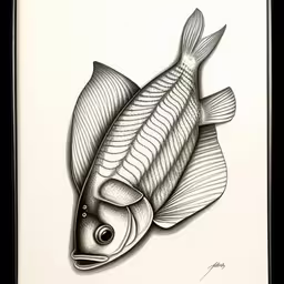 a drawing of a fish that is looking into the camera,a drawing of a fish in black and white