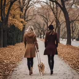 a woman walking with her dog on a leash