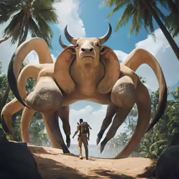 a man standing near an animal like creature