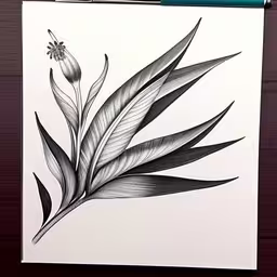 an art drawing of a plant on paper,a drawing with pencils on paper, the leaves and flower are black and white