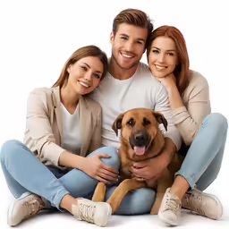 happy family with dog posing for a photo on a white background