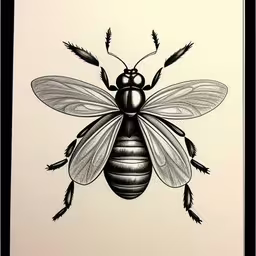 a black and white drawing of a bee,a bee with long wings sitting on top of it