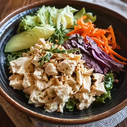 a wooden bowl full of lettuce, carrots and chicken salad