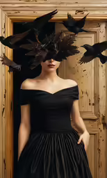 a woman in black dress posing with a flock of birds behind her