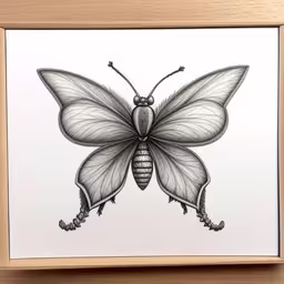 a framed painting of a butterfly in a wood frame,a black and white photo of a butterfly
