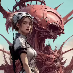 a girl and an alien standing next to each other in front of some huge statues