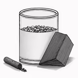 a bucket with stones inside and a box filled with rocks