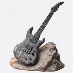 an old, worn out electric guitar on a rock