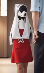 a lady in a dress with a mask on