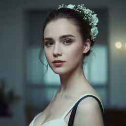 a woman posing for a photo in a white dress