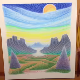 a drawing of mountains and hills with a sunset