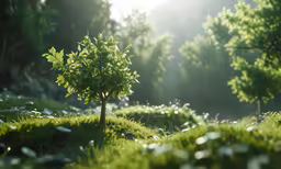 a small tree with green leaves sits in the sunlight