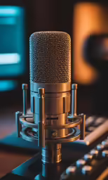 a microphone in front of a computer and keyboard