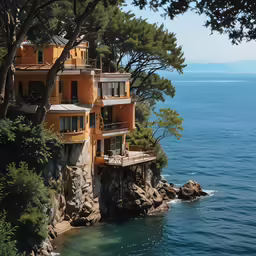 a house sits on the edge of a cliff overlooking a body of water