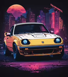 a painting of a toyota supra car in front of a city with the moon on the horizon,a poster of a yellow car in the city