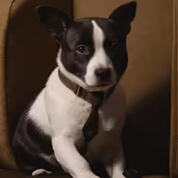 a black and white dog sitting on top of a brown chair