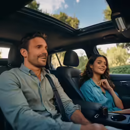 a couple driving down a road through the town