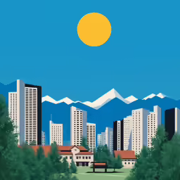 a painting of buildings on a green field
