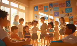 an older woman is sitting in front of children