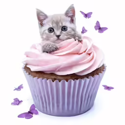 kittens eye on cupcake in light pink and lilac frosting