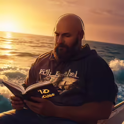a man is sitting by the ocean and looking at the book