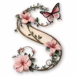 pink flowers with green leaves and two butterflies