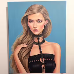 a painting of a woman with long hair in black dress and jewelry,a painting of a woman with a very long hair,a painting of a woman wearing a black dress,a painting with the girl