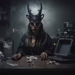 a woman with horns wearing a horned head and holding a phone