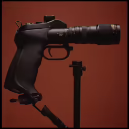 a camera and an eos pistol on a red background